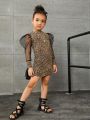 SHEIN Kids Cooltwn Toddler Girls Leopard Print Contrast Mesh Dress