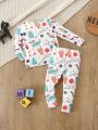 2pcs/set Baby Boys' Cartoon Printed Long Sleeve Top And Pants Outfits