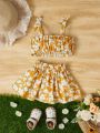 SHEIN Baby Floral Print Bow Shoulder Wide Strap Top & Paperbag Waist Skirt