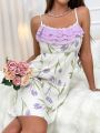 Contrast Ruffled Floral Print Suspender Nightgown