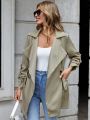 Roll Tab Sleeve Drawstring Waist Waterfall Collar Dual Pocket Coat