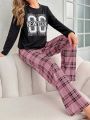 Women's Monogram Printed Long Sleeve Top And Plaid Trousers Pajama Set