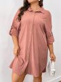 SHEIN Frenchy Plus Size Women's Striped Roll Sleeve Shirt Dress