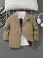 SHEIN Kids Academe Young Boy Letter Patched Detail Lapel Neck Flap Detail Coat Without Shirt