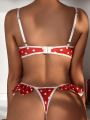 Polka Dot Print Underwire Bra Set With Bow Decoration