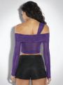 SHEIN BAE Purple Sheer Mesh Top, Irregular Neckline, One Shoulder, Pleated, Long Sleeve