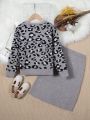 SHEIN Kids SUNSHNE Girls' Leopard Print Sweater And Knitted Skirt Set For Big Kids