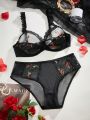 Women's Embroidered Sheer Mesh Splice Bra And Panties Set