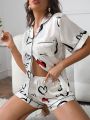 Heart Print Contrast Piping Satin PJ Set