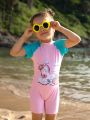 Young Girl Rainbow Unicorn Printed One-Piece Swimsuit With Hood