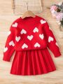 Girl'S Heart Pattern Sweater And Half Skirt Set With Round Neckline