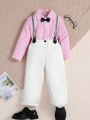 SHEIN Kids FANZEY Toddler Boys' Bow Tie Striped Shirt And Suspender Pants Set