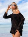 SHEIN Swim Basics Semi-Transparent Long Sleeve Hollow Out Cover Up