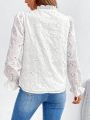 SHEIN Frenchy Ladies' Solid Color Hollow Out Embroidered Collar Tie Neck Blouse