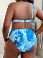 SHEIN Slayr Summer Beach Plus Marble Print One Shoulder Underwire Bikini Set