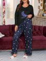 Plus Size Letter Moon And Star Print Pajama Set