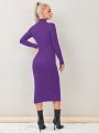 SHEIN Essnce Mock Neck Split Thigh Ribbed Knit Bodycon Dress