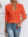 SHEIN VCAY Solid Color Embroidery & Burn-out Design Notch Neckline Shirt