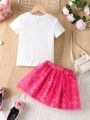 SHEIN Kids CHARMNG Young Girls' Glamorous Mermaid Print Fitted T-Shirt With Round Neck & Short Sleeves And Elastic Waist Mesh Skirt Summer Set