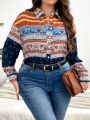 SHEIN Privé Plus Size Full Print Long Sleeve Shirt