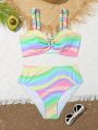 Teen Girls' Stylish Rainbow Striped Front Tie Bikini With Split Design