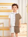 SHEIN Kids Nujoom Young Boy's Texture Contrast Color Short Sleeve Shirt And Shorts Set, Cute And Combinable