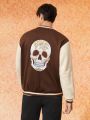 Men Skull Print Two Tone Striped Trim Drop Shoulder Varsity Jacket