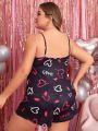 Letter Heart Print Plus Size Women's Pajama Set With Cami Top And Shorts