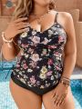 SHEIN Swim Classy Plus Size Floral Print Tankini Swimsuit Set With Bikini Bottom