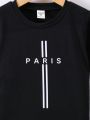 SHEIN Kids EVRYDAY Boys' Casual Paris Letter Printed Round Neck T-Shirt For Summer