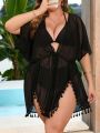 SHEIN Swim Vcay Plus Size 1 Piece See-Through Swimsuit Kimono-Style Cover-Up With Tassel Decoration