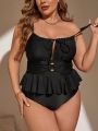 SHEIN Swim Chicsea Plus Size One-Piece Swimsuit With Circular Decoration And Ruffled Hem