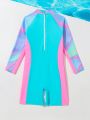 Young Girl's Colorblock Raglan Long Sleeve Swimsuit Romper, Sporty And Fashionable