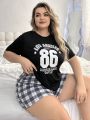 Plus Size Women's Letter Printed Short Sleeve Plaid Shorts Pajama Set