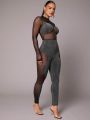 Pretty on the Outside Wave Glitter Mesh Insert Jumpsuit