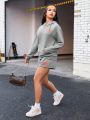 Street Sport Letter Print Kangaroo Pocket Long Sleeve Hoodie And Shorts Sports Set