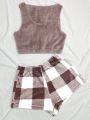 Women's Plus Size Flannel Vest And Plaid Pants Pajama Set