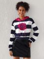 Gincko Women'S Color Block Striped, Floral And Letter Print Drawstring Hooded Cropped Sweatshirt