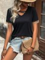 Patchwork Lace V-neck Short Sleeve Casual T-shirt