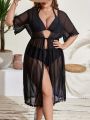 SHEIN Swim Basics Plus Size Fur Ball Trim Drawstring Waist Kimono Dress