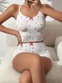 Heart Print Bow Front Cami Top & Shorts PJ Set