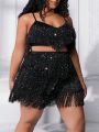 SHEIN CURVE+ Plus Size Women's Sparkling Fringed Shorts