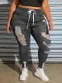 SHEIN CURVE+ Plus Size Women's Drawstring Waist Ripped Skinny Jeans
