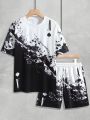 Men Splash Ink Print Tee & Shorts