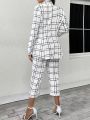 Turn Down Collar Long-Sleeve Plaid Blazer And Pants Set