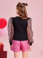 SHEIN Kids CHARMNG Big Girls' Knitted Mesh Net Patchwork Round Neck Long Sleeve Top With Lace Belt And Leather Shorts