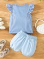 Baby Girls' Casual Striped Flounce Sleeve Top And Bowknot Shorts Set For Summer