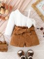 Baby Girls' Asymmetrical Collar With Bowknot Decor Top And Shorts With Belt Set