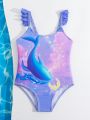 Young Girl Cartoon Printed Ruffled One Piece Swimsuit With Trim