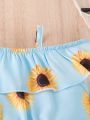 Baby Girl Sunflower Print Cold Shoulder Ruffle Trim Top & Shorts